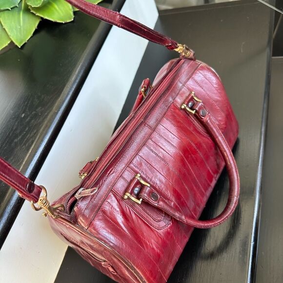 Genuine Eel Skin Leather Satchel Crossbody Shoulder Bag Deep Burgundy Red Purse - Picture 7 of 9